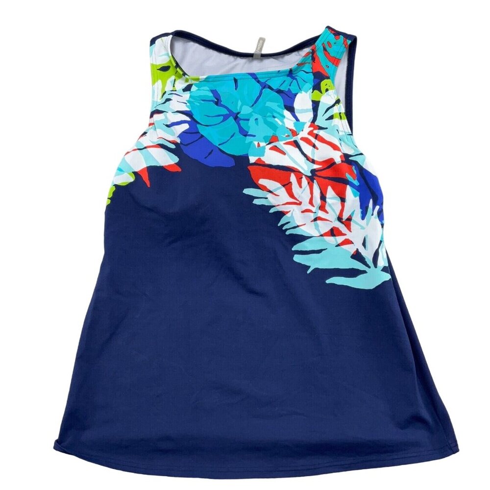 Lands End Tank Top Women 12 Blue Red Floral Palm Pad Bra‎ Jog Active Tropical